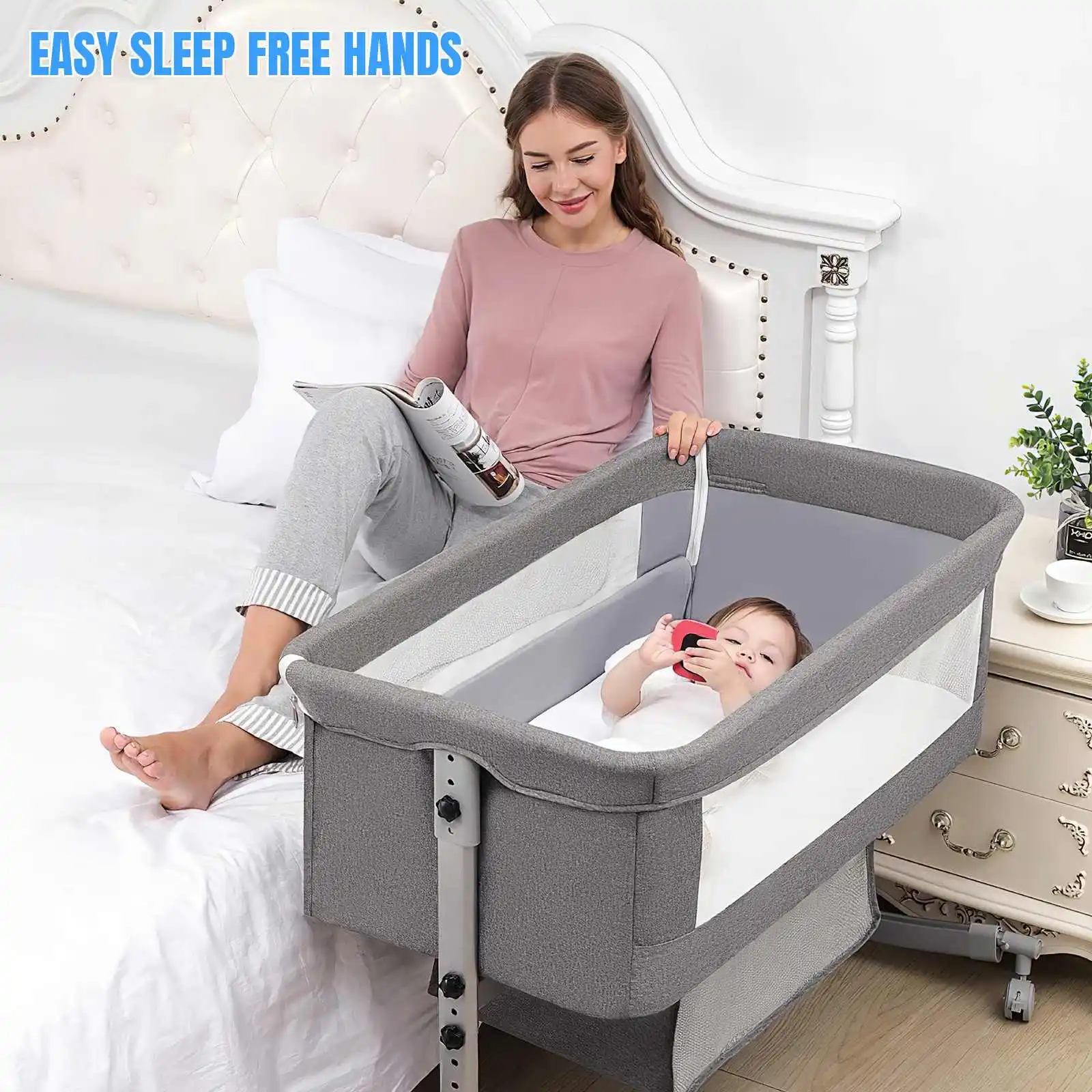 3 in 1 Baby bed Nursery Bed with Mosquito Net Large Storage Bag Changing Bed Height Adjustable Travel Portable Crib Newborn Baby Boys & Girls