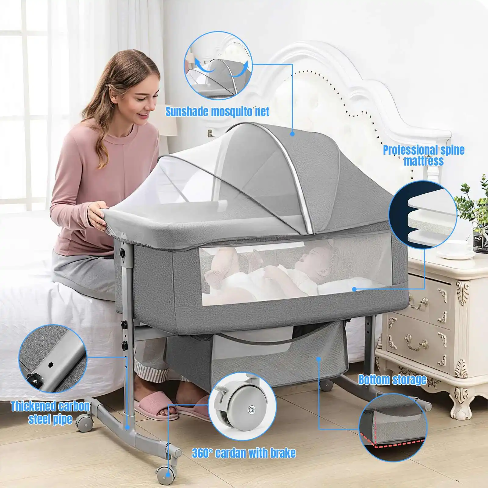 3 in 1 Baby bed Nursery Bed with Mosquito Net Large Storage Bag Changing Bed Height Adjustable Travel Portable Crib Newborn Baby Boys & Girls