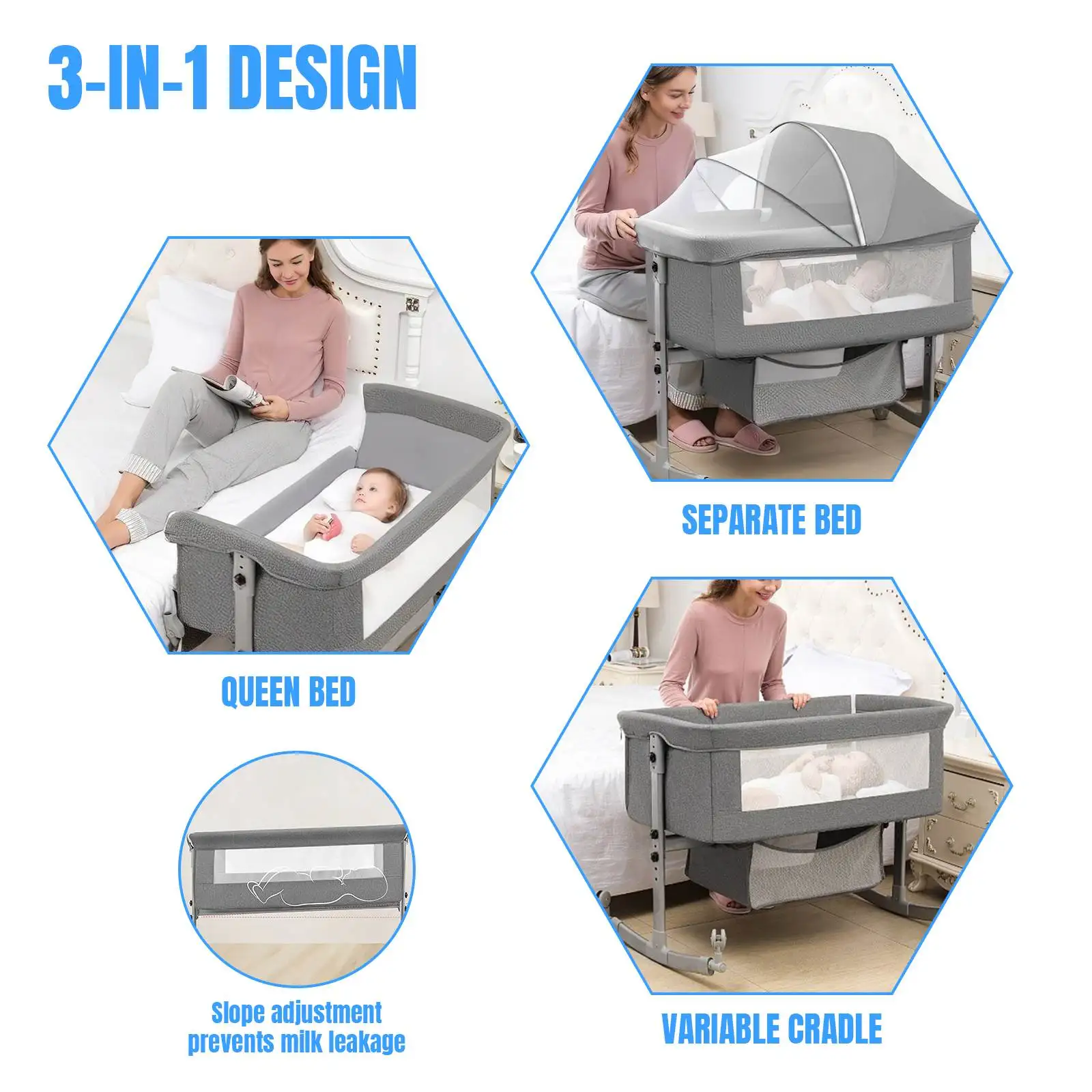 3 in 1 Baby bed Nursery Bed with Mosquito Net Large Storage Bag Changing Bed Height Adjustable Travel Portable Crib Newborn Baby Boys & Girls
