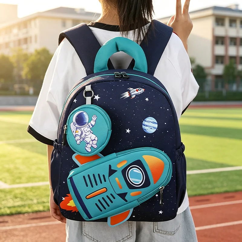 Space Planet Print Toddler Backpack Detachable Small Wallet Cute Astronaut Rocket Pattern Lightweight Schoolbag Casual Daypack