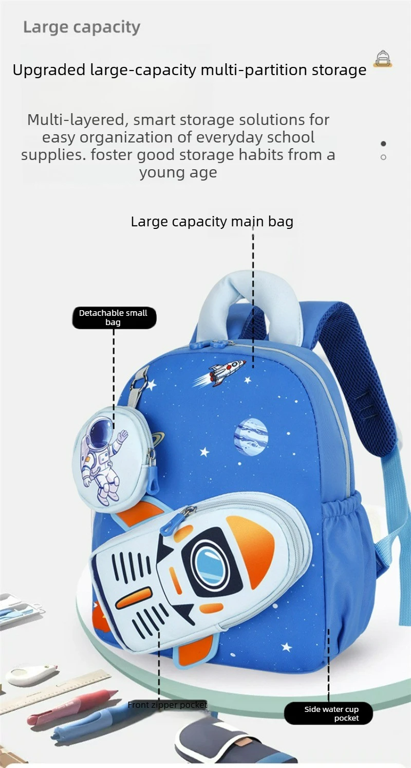 Space Planet Print Toddler Backpack Detachable Small Wallet Cute Astronaut Rocket Pattern Lightweight Schoolbag Casual Daypack