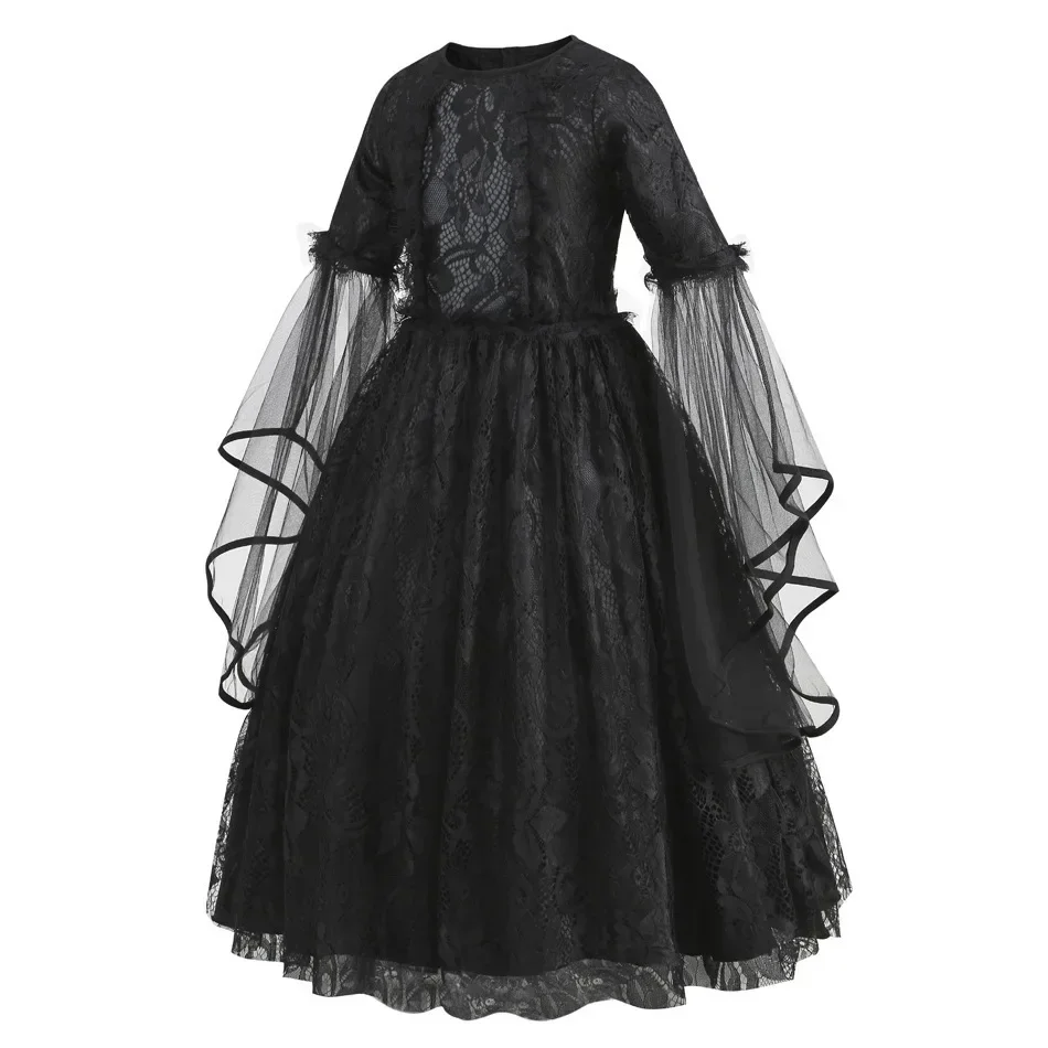 Girls Gothic Black Lace Costume Long Flare Sleeve Tulle Dress Red Rose Veil Kids Halloween Ghost Bride Cosplay For Photo Shoot