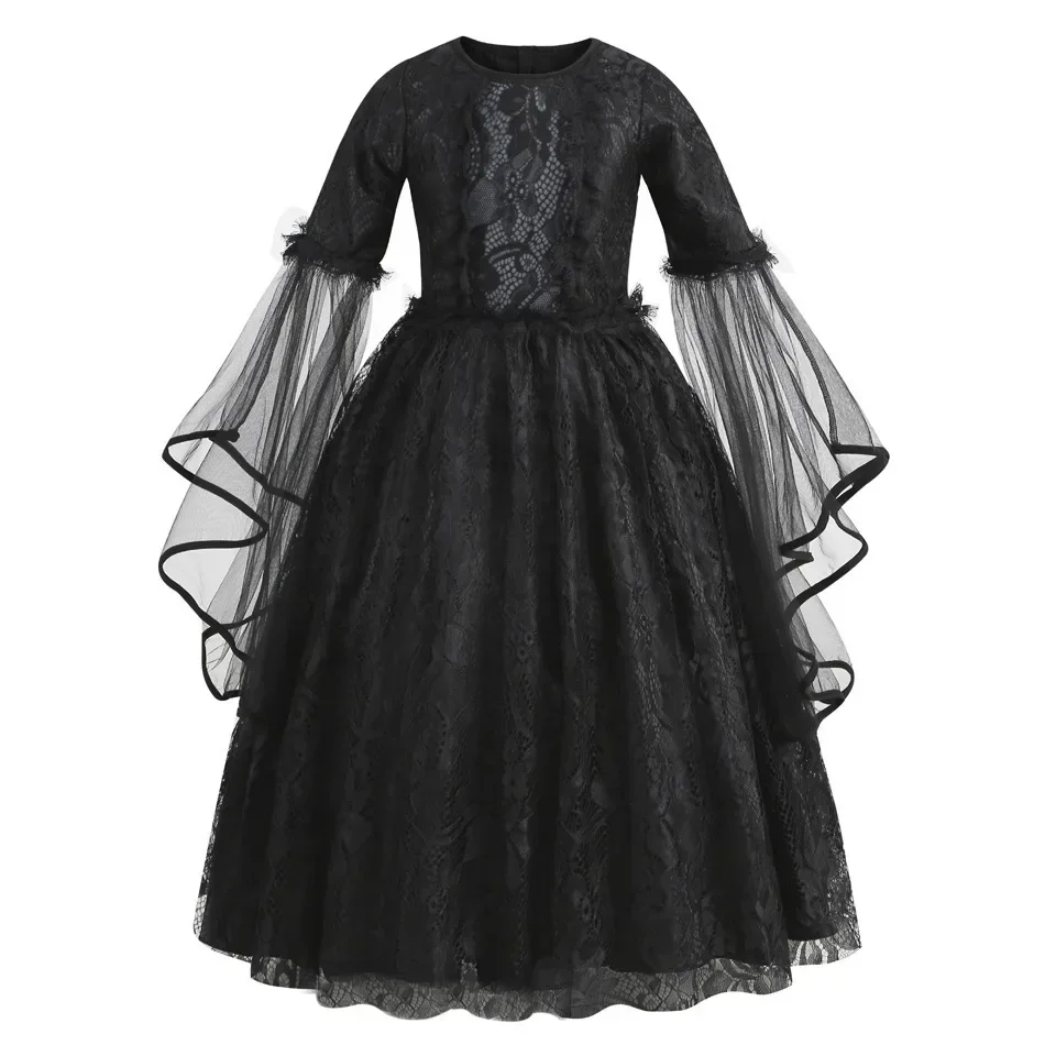 Girls Gothic Black Lace Costume Long Flare Sleeve Tulle Dress Red Rose Veil Kids Halloween Ghost Bride Cosplay For Photo Shoot