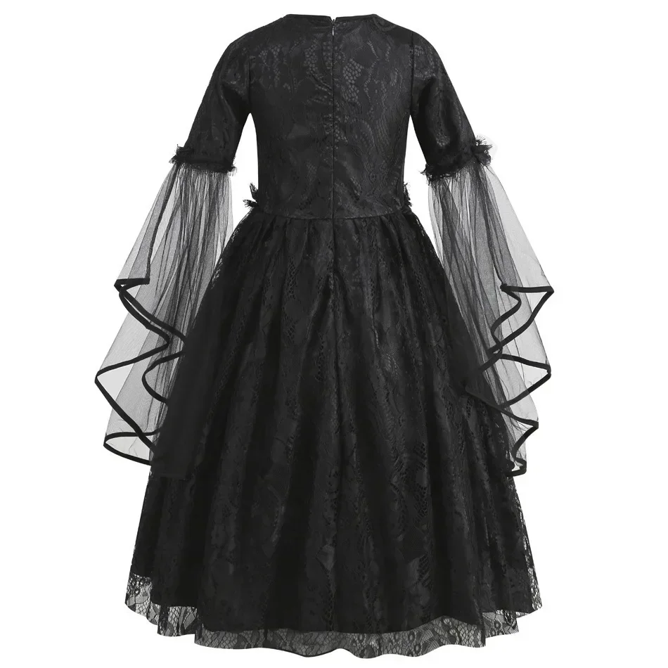 Girls Gothic Black Lace Costume Long Flare Sleeve Tulle Dress Red Rose Veil Kids Halloween Ghost Bride Cosplay For Photo Shoot