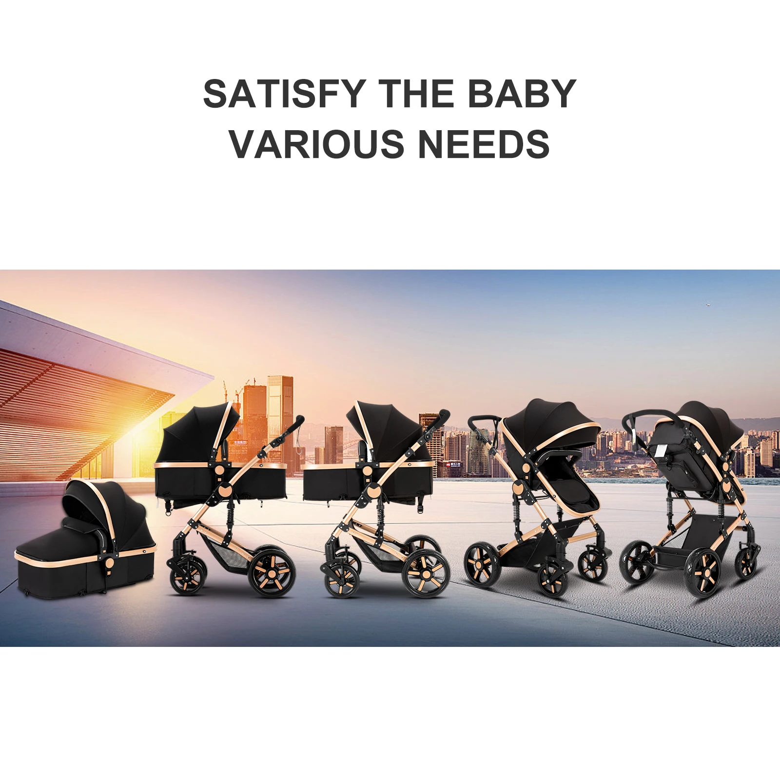 Convertible Baby Pram 3 in 1 Stroller Pushchair Travel System Lightweight High Landscape Design Reversible Seat Comfortable Reclining Backrest Large Sun Canopy Smooth Suspension Wheels for Newborn with 6 Free Gifts