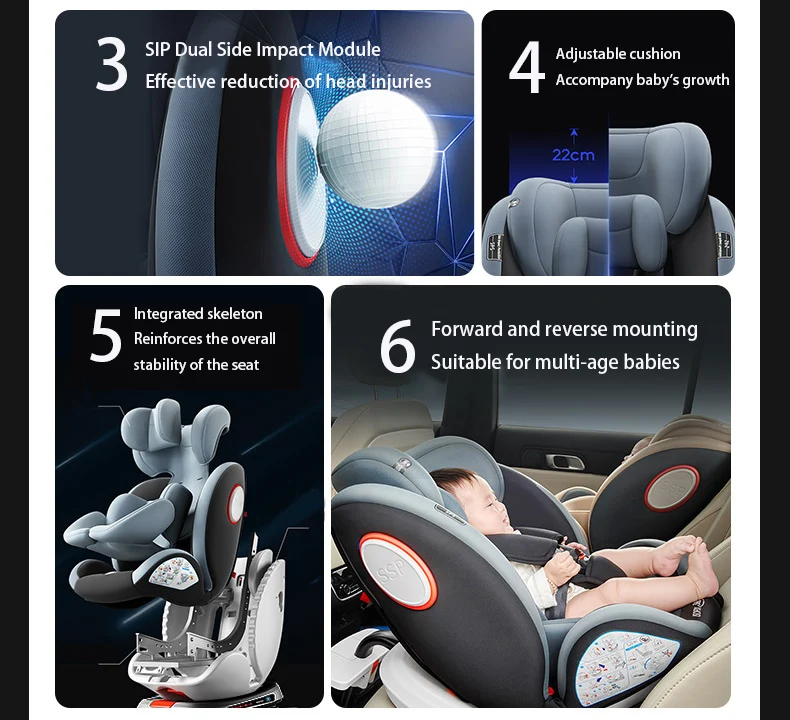 ISOFIX Child Safety Seat with Top Tether Alarm 5-Point Harness and Side Impact Protection I-Size R129 40-150cm Car Seat 360° Swivel Reinforced Shell Adjustable Headrest 4 Recline Positions for Baby Toddler Kids