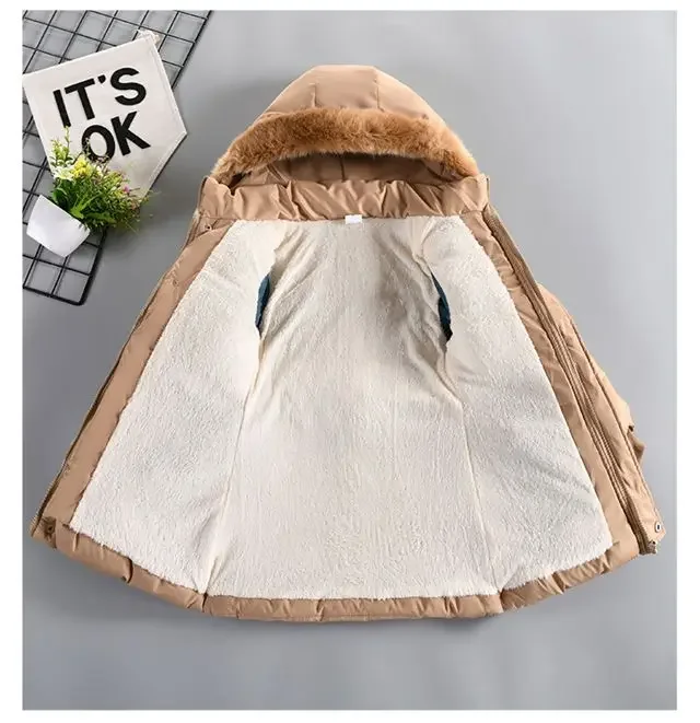 ZOETOPKID Thick Keep Warm Winter Girls Jacket Detachable Hat Plush Collar Hooded Padded Lining Coat for Kids Children Outwear