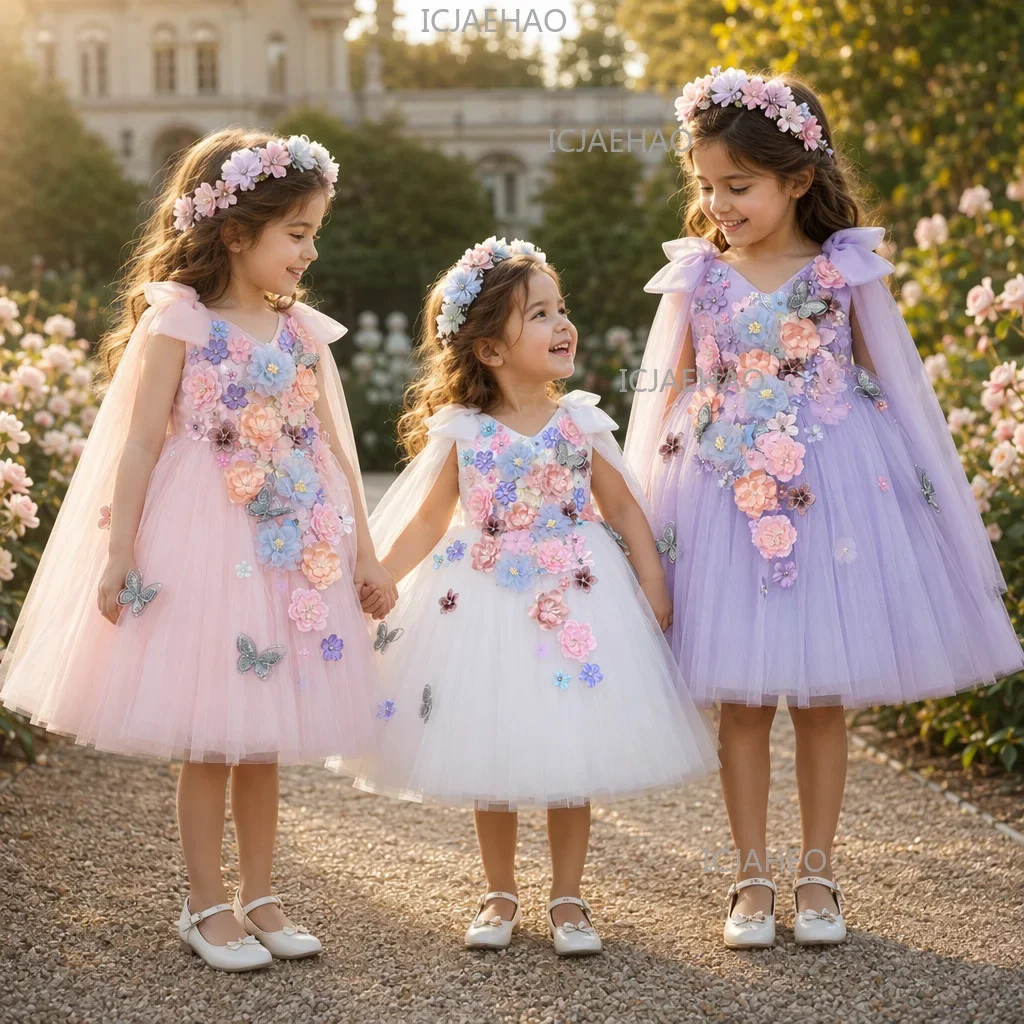 2026 Kids Handmade 3D Applique Tulle SleevelessPrincess Wedding Flower Girl Party Banquet Clothes Dress New Children Girls Gown