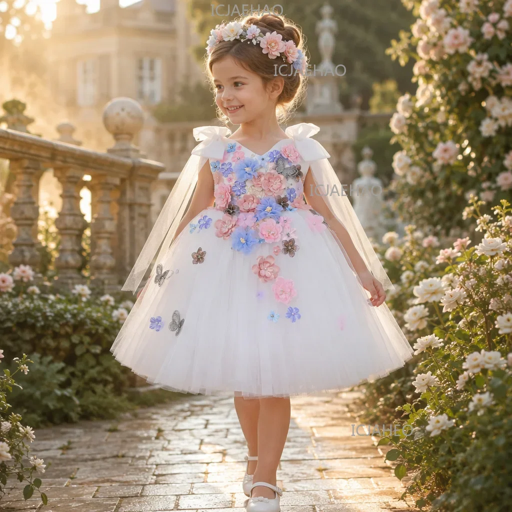 2026 Kids Handmade 3D Applique Tulle SleevelessPrincess Wedding Flower Girl Party Banquet Clothes Dress New Children Girls Gown