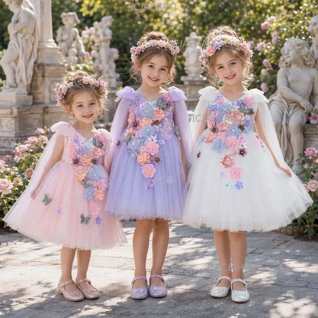 2026 Kids Handmade 3D Applique Tulle SleevelessPrincess Wedding Flower Girl Party Banquet Clothes Dress New Children Girls Gown