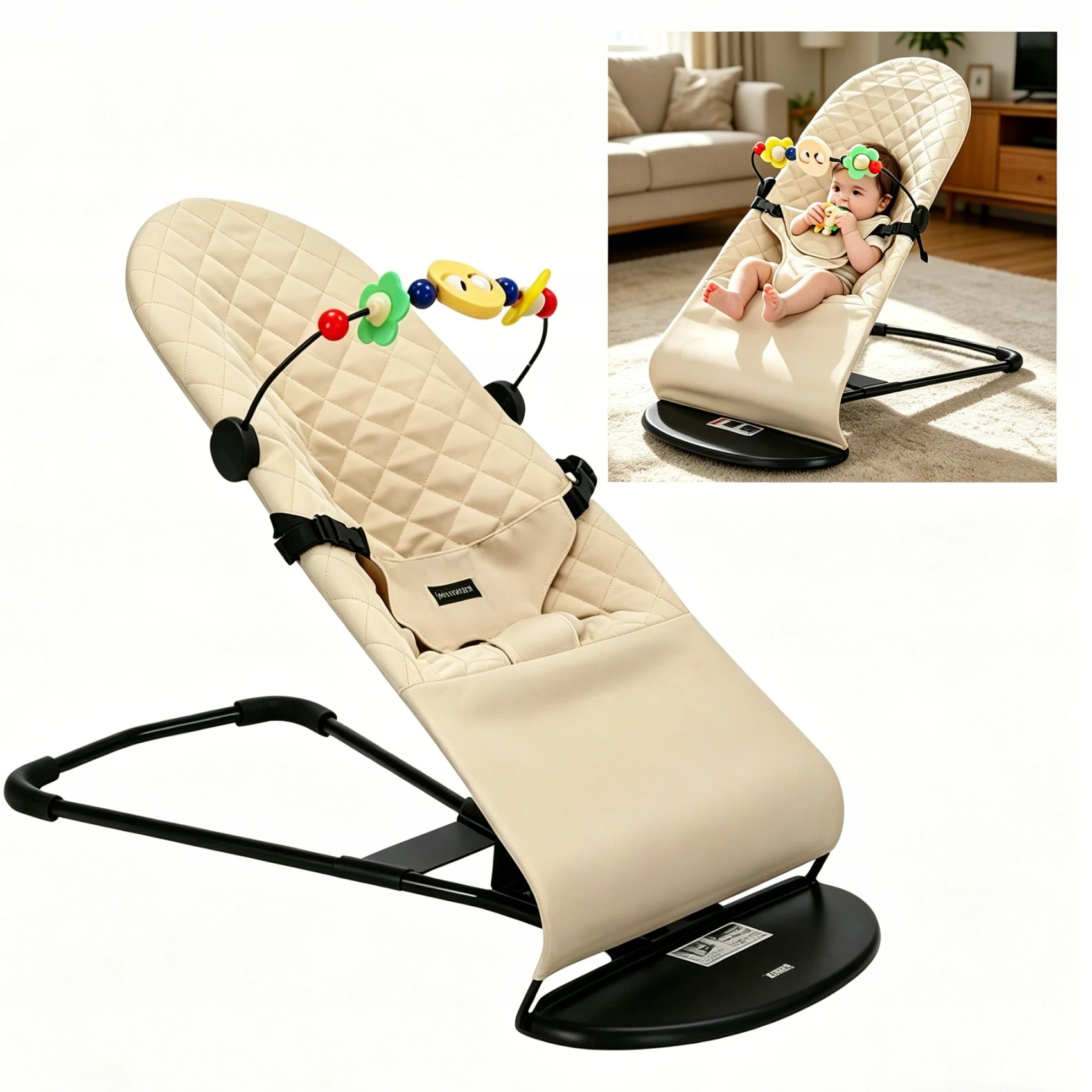 Portable Baby Bouncer Chair, 3-Level Adjustable Infant Rocker, Foldable Newborn Lounger with Safety Harness, Ideal for Travel