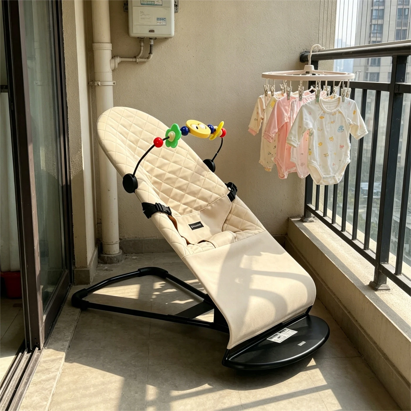 Portable Baby Bouncer Chair, 3-Level Adjustable Infant Rocker, Foldable Newborn Lounger with Safety Harness, Ideal for Travel