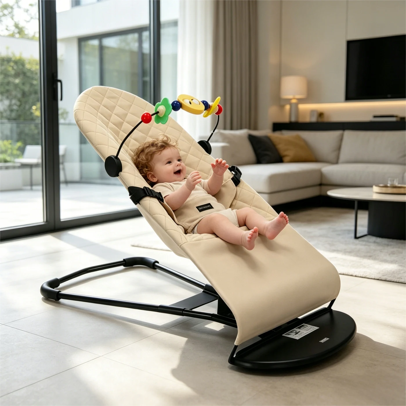 Portable Baby Bouncer Chair, 3-Level Adjustable Infant Rocker, Foldable Newborn Lounger with Safety Harness, Ideal for Travel