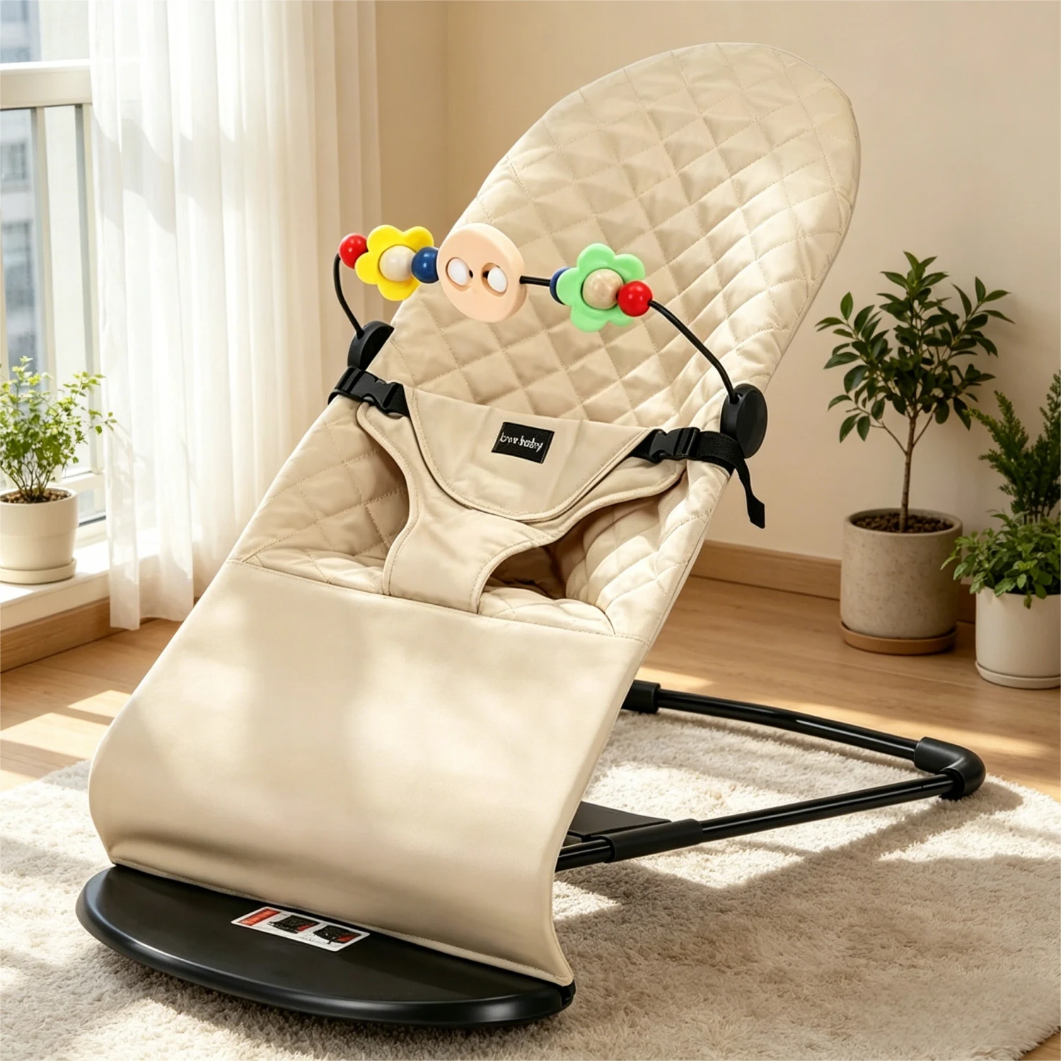 Portable Baby Bouncer Chair, 3-Level Adjustable Infant Rocker, Foldable Newborn Lounger with Safety Harness, Ideal for Travel