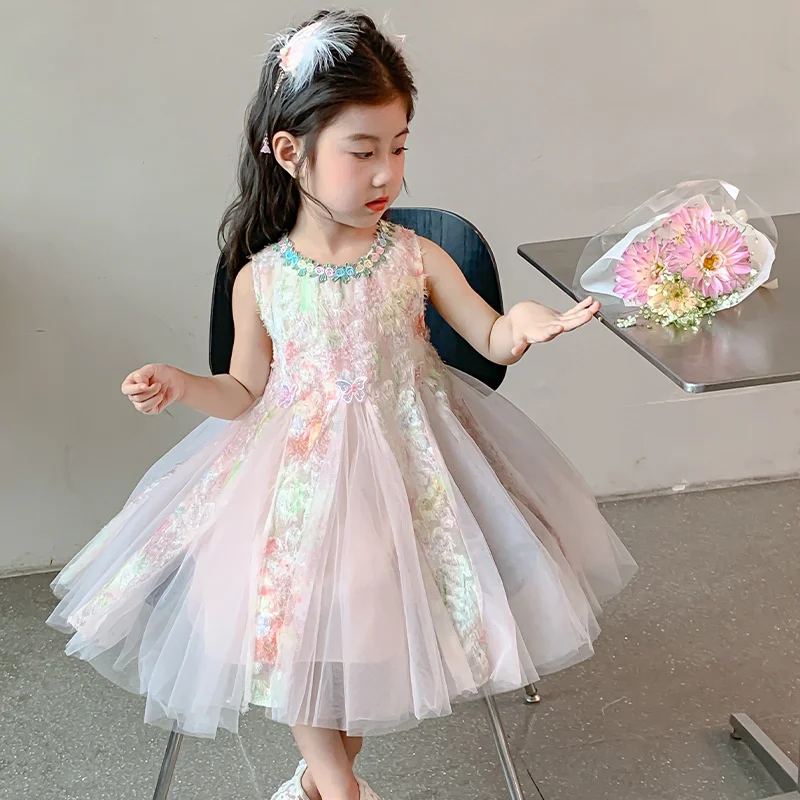 Girls Mesh Princess Dresses Kids Embroidered Butterfly Sleeveless High Quality Dress Baby Birthday Party Gown Ball 3-8 Years old