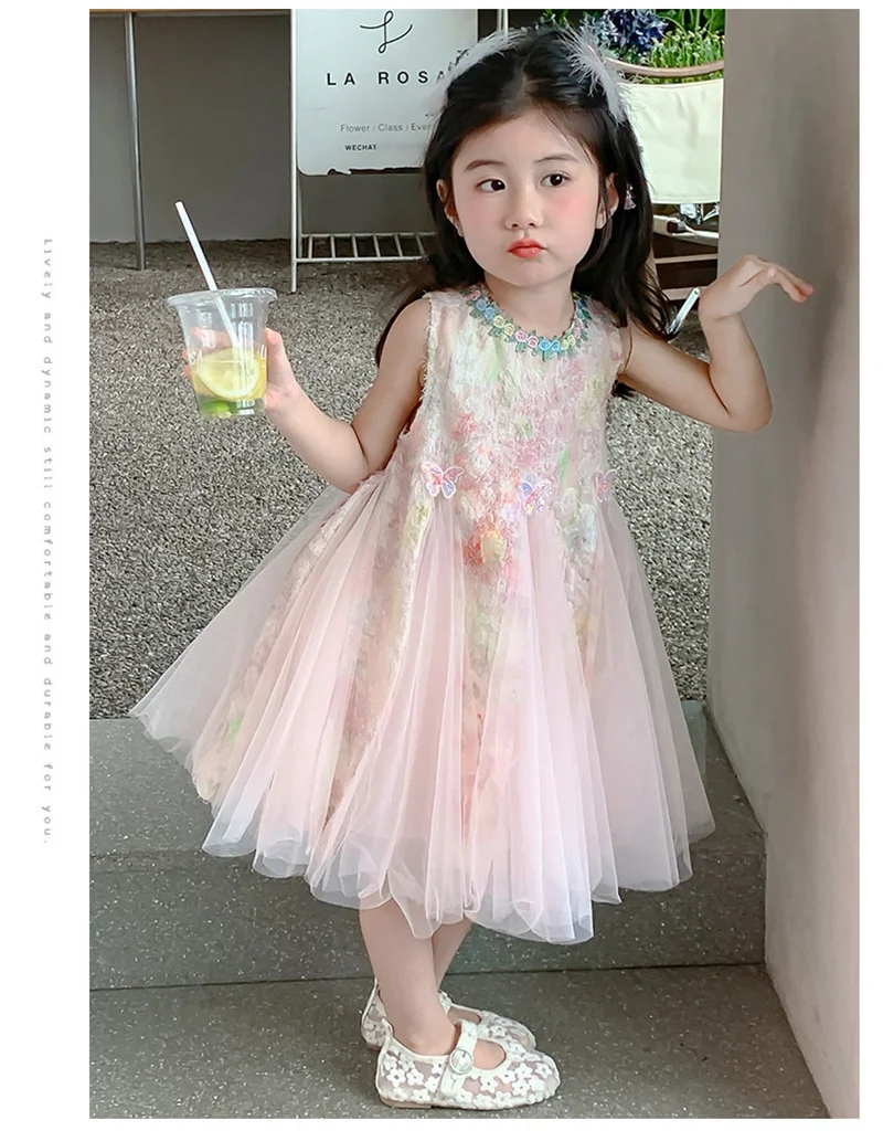 Girls Mesh Princess Dresses Kids Embroidered Butterfly Sleeveless High Quality Dress Baby Birthday Party Gown Ball 3-8 Years old