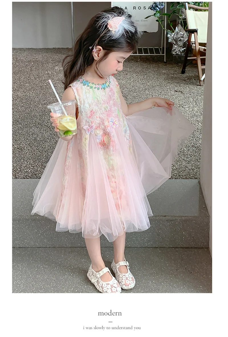 Girls Mesh Princess Dresses Kids Embroidered Butterfly Sleeveless High Quality Dress Baby Birthday Party Gown Ball 3-8 Years old