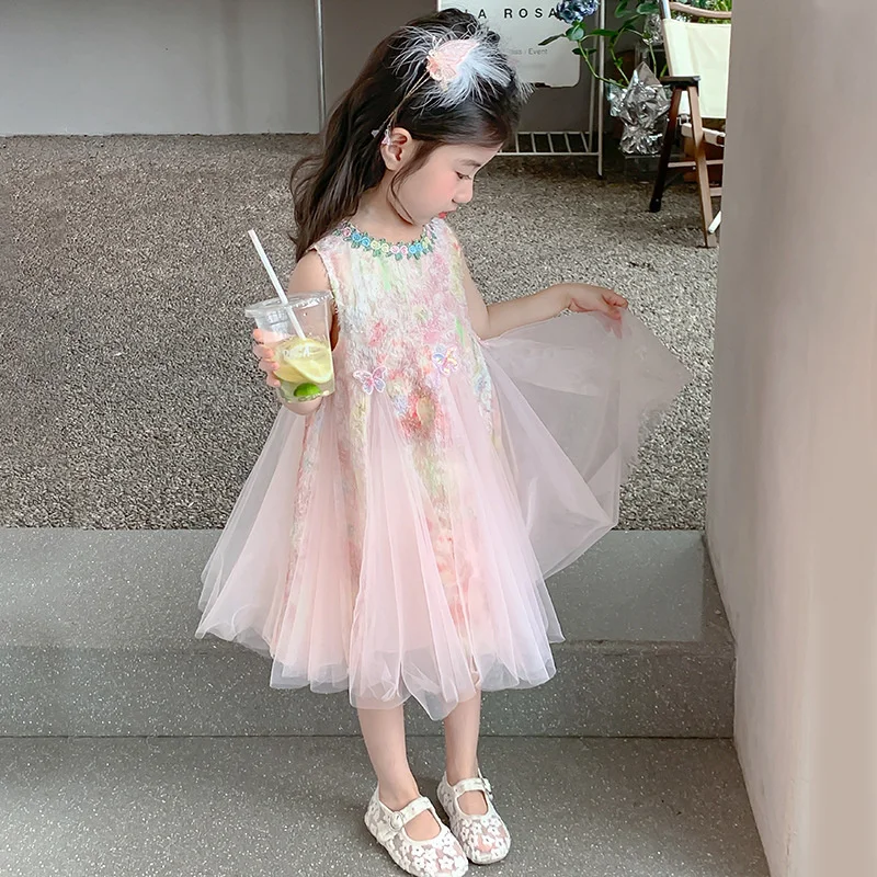 Girls Mesh Princess Dresses Kids Embroidered Butterfly Sleeveless High Quality Dress Baby Birthday Party Gown Ball 3-8 Years old