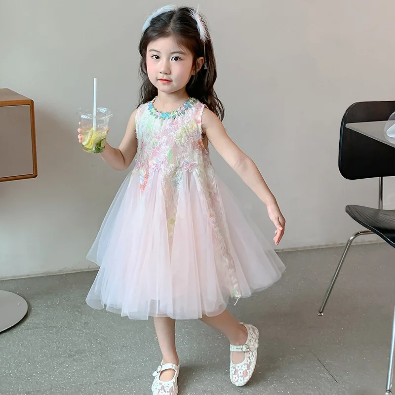Girls Mesh Princess Dresses Kids Embroidered Butterfly Sleeveless High Quality Dress Baby Birthday Party Gown Ball 3-8 Years old