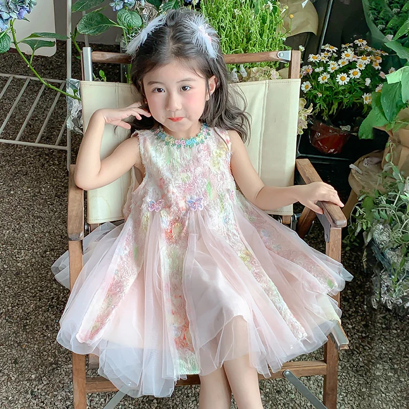 Girls Mesh Princess Dresses Kids Embroidered Butterfly Sleeveless High Quality Dress Baby Birthday Party Gown Ball 3-8 Years old