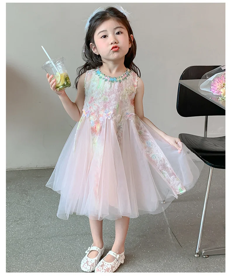Girls Mesh Princess Dresses Kids Embroidered Butterfly Sleeveless High Quality Dress Baby Birthday Party Gown Ball 3-8 Years old