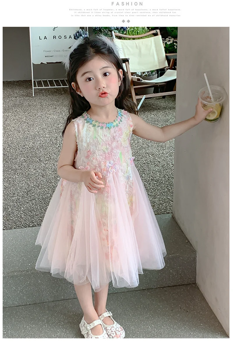 Girls Mesh Princess Dresses Kids Embroidered Butterfly Sleeveless High Quality Dress Baby Birthday Party Gown Ball 3-8 Years old