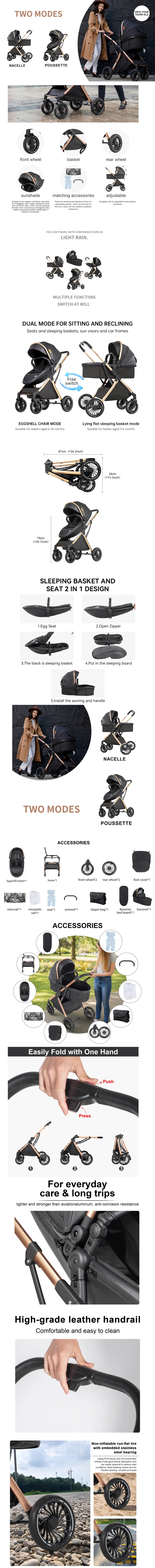 High Quality Baby Stroller 3 in 1 Luxury Lightweight Portable Travel Baby Stroller