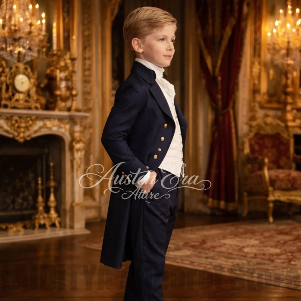 Chic Boys Suit 3 Pieces Fashion Double Breasted Kids Vintage Outfit For Jane Austen Cosplay Wedding Party Birthday Tailcoat