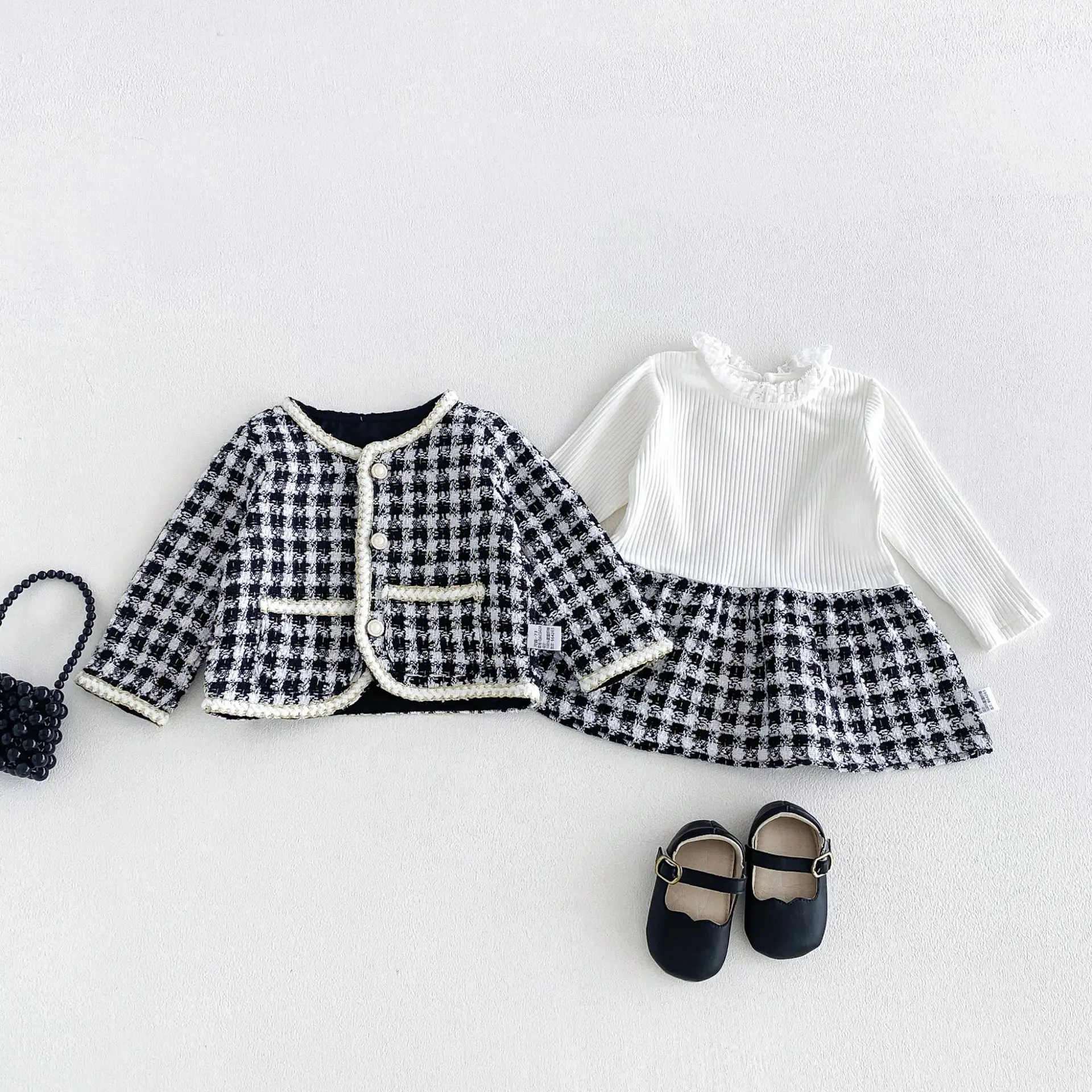 2026 New Fall Girls Tweed 2Pcs Set | Spliced Dress + Jacket Outfit | Chic Elegant Kids Suit