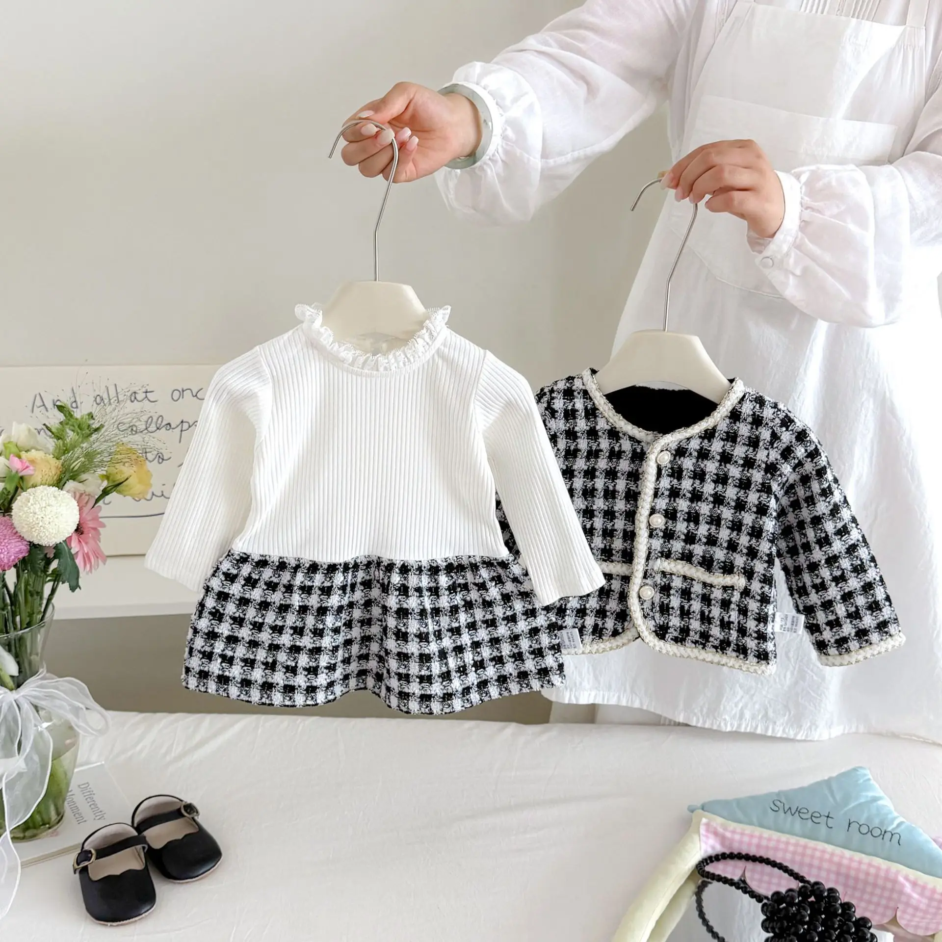 2026 New Fall Girls Tweed 2Pcs Set | Spliced Dress + Jacket Outfit | Chic Elegant Kids Suit
