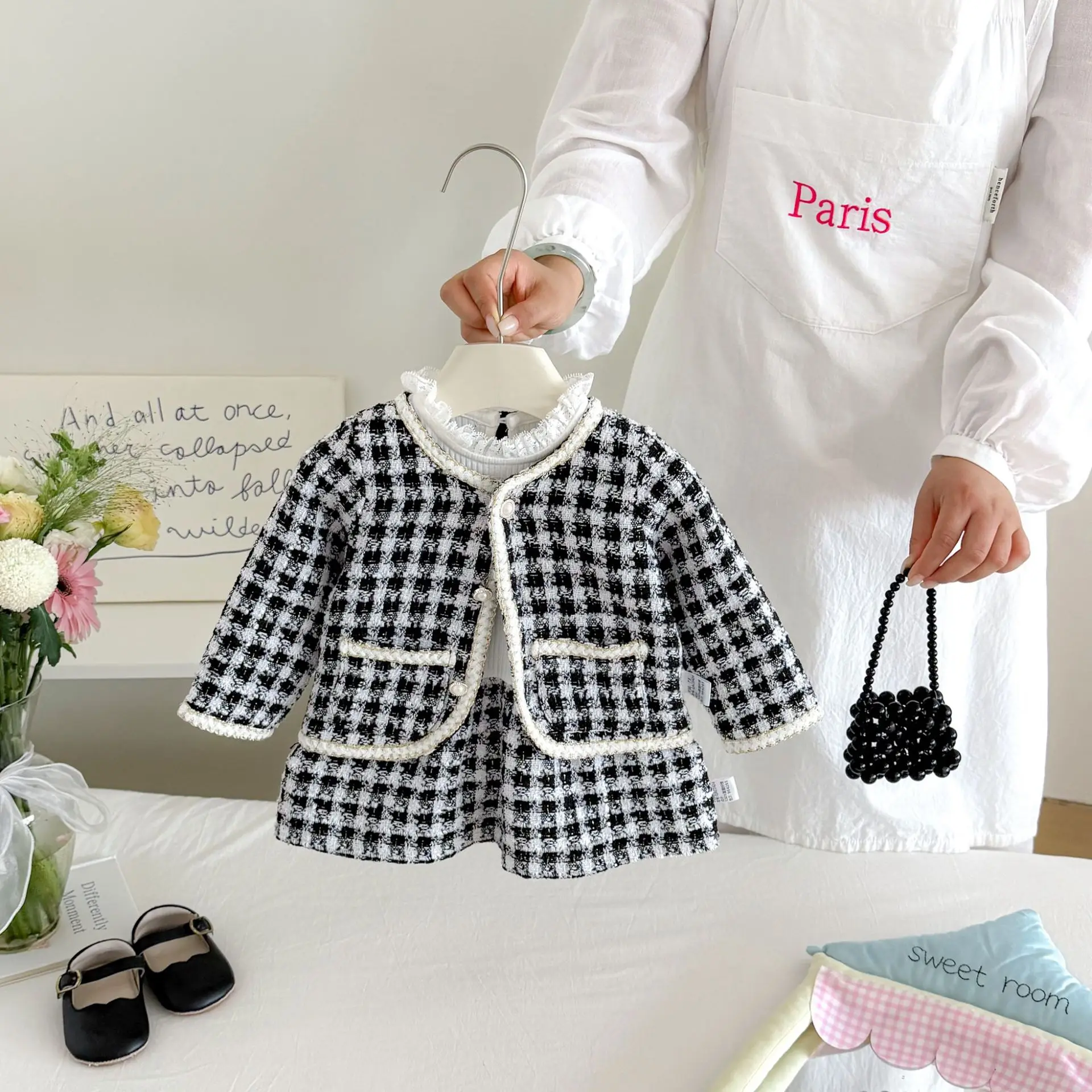 2026 New Fall Girls Tweed 2Pcs Set | Spliced Dress + Jacket Outfit | Chic Elegant Kids Suit