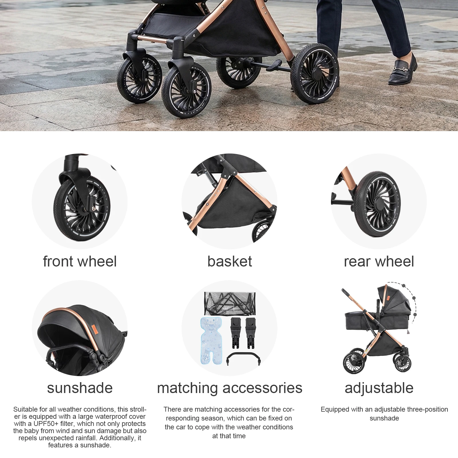 3 in 1 Baby Stroller with Reversible Seat Adjustable Sunshade Storage Basket Foldable Baby Stroller Reversible Baby Pram for Newborn to Toddler with Shock Absorbing Wheels for City Travel Shopping Daily Walks and Family Outings