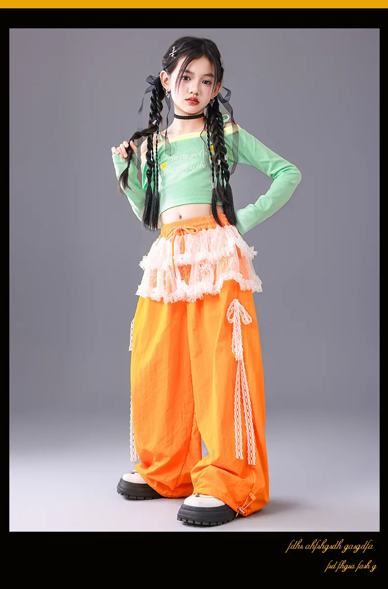 Girl Clothing Off Shoulder Top Lace Pants Hip Hop Jazz Dance Costumes Practice Street Dance Wear Performance Clothes