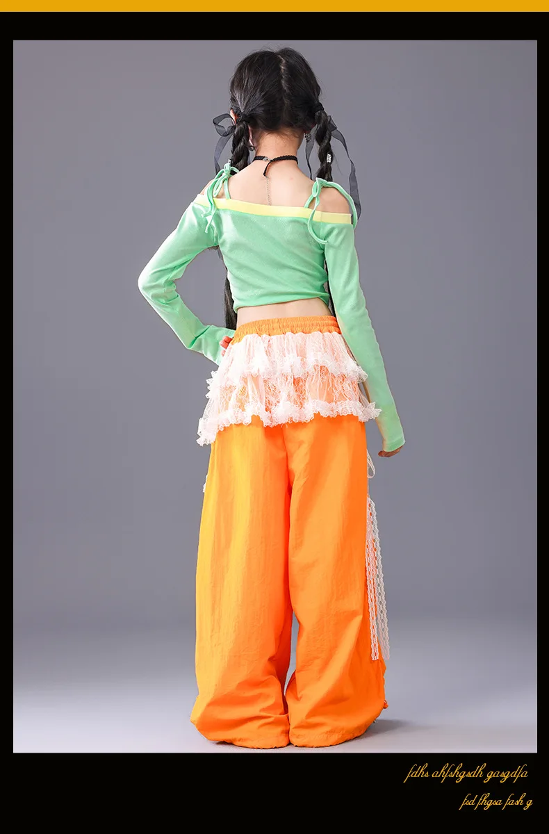 Girl Clothing Off Shoulder Top Lace Pants Hip Hop Jazz Dance Costumes Practice Street Dance Wear Performance Clothes