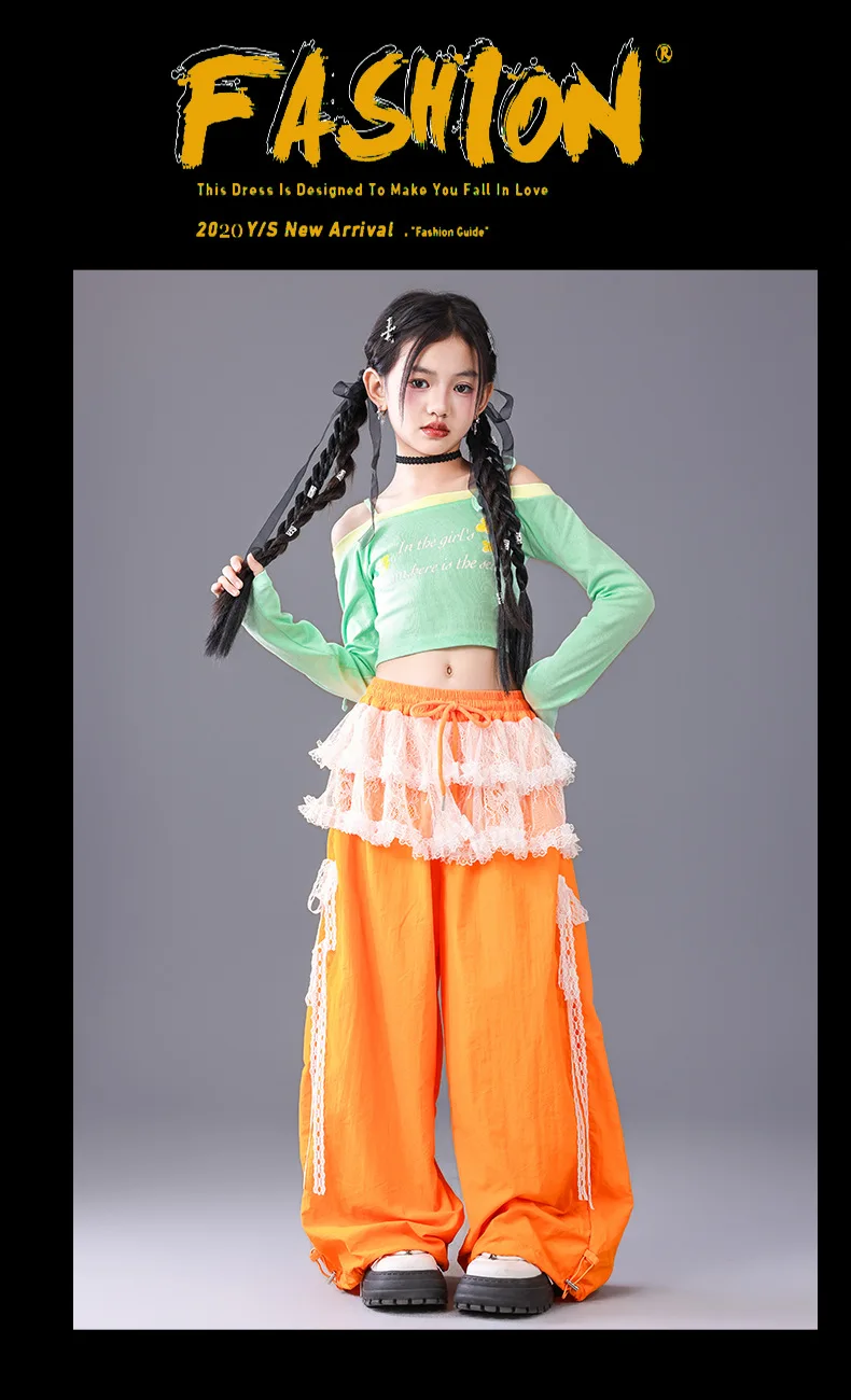 Girl Clothing Off Shoulder Top Lace Pants Hip Hop Jazz Dance Costumes Practice Street Dance Wear Performance Clothes
