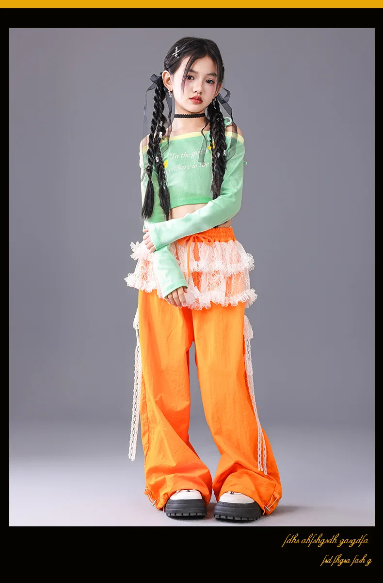 Girl Clothing Off Shoulder Top Lace Pants Hip Hop Jazz Dance Costumes Practice Street Dance Wear Performance Clothes