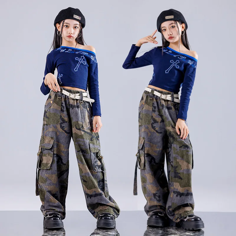 Girl Clothing Off Shoulder Top Lace Pants Hip Hop Jazz Dance Costumes Practice Street Dance Wear Performance Clothes