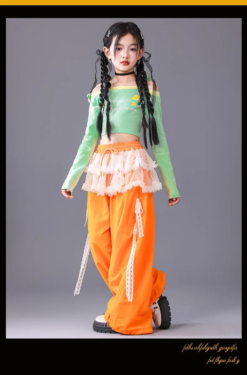 Girl Clothing Off Shoulder Top Lace Pants Hip Hop Jazz Dance Costumes Practice Street Dance Wear Performance Clothes