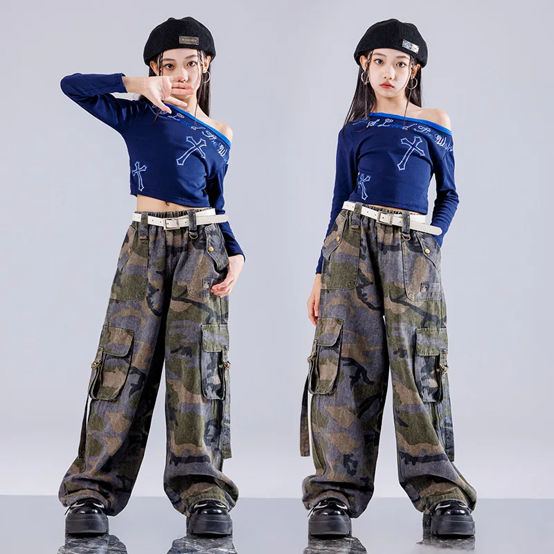Girl Clothing Off Shoulder Top Lace Pants Hip Hop Jazz Dance Costumes Practice Street Dance Wear Performance Clothes
