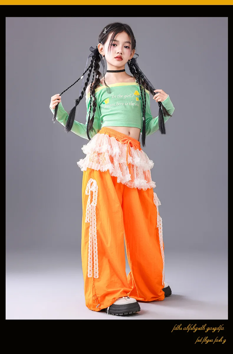 Girl Clothing Off Shoulder Top Lace Pants Hip Hop Jazz Dance Costumes Practice Street Dance Wear Performance Clothes