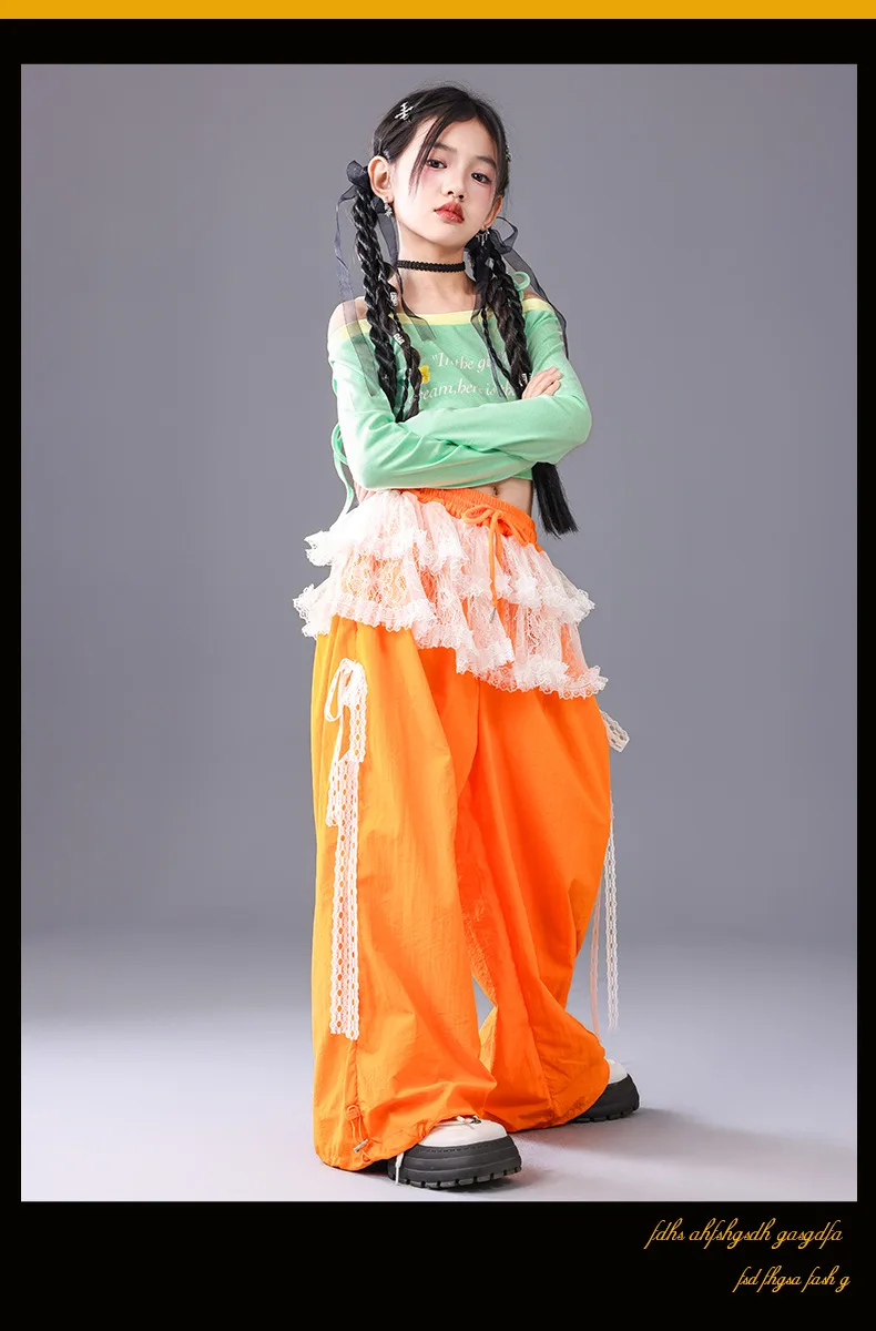 Girl Clothing Off Shoulder Top Lace Pants Hip Hop Jazz Dance Costumes Practice Street Dance Wear Performance Clothes