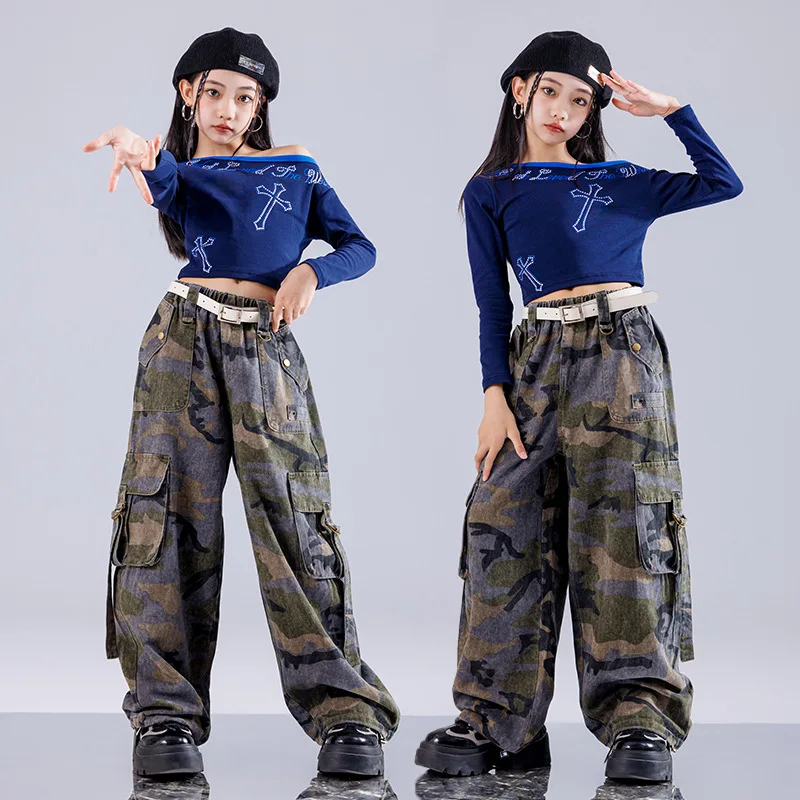 Girl Clothing Off Shoulder Top Lace Pants Hip Hop Jazz Dance Costumes Practice Street Dance Wear Performance Clothes