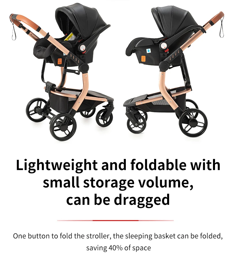 3 in 1 Newborn Pram Pushchair Travel System with Car Seat Reversible Foldable Baby Stroller Carrycot Aluminium Frame EVA Wheels PU Leather Handle High Landscape Baby Carriage with Canopy Foot Cover Large Shopping Basket