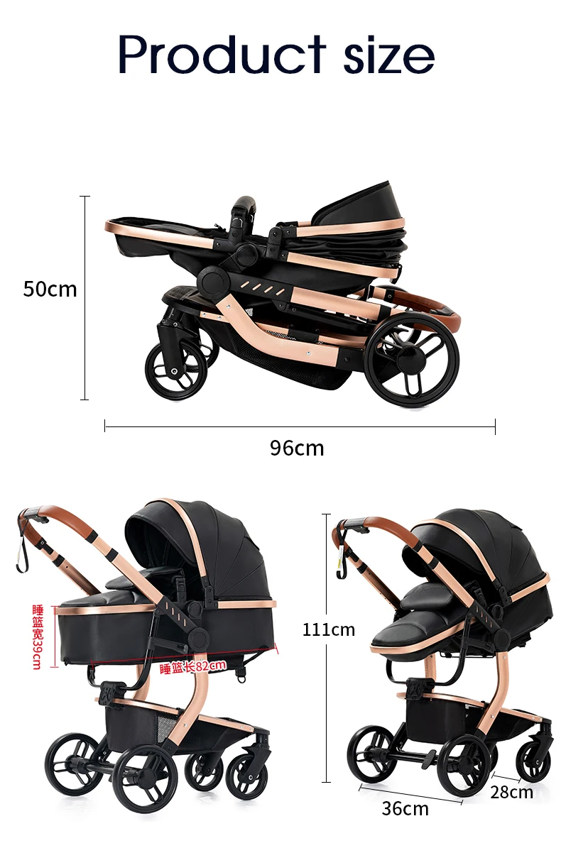 3 in 1 Newborn Pram Pushchair Travel System with Car Seat Reversible Foldable Baby Stroller Carrycot Aluminium Frame EVA Wheels PU Leather Handle High Landscape Baby Carriage with Canopy Foot Cover Large Shopping Basket