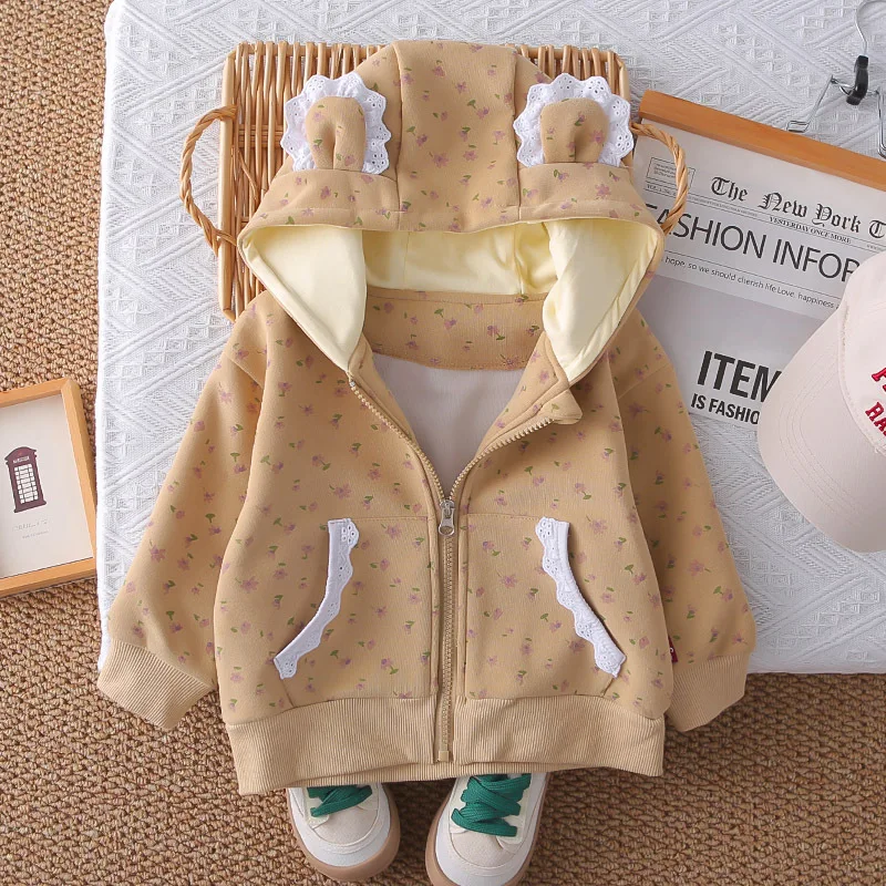 Girls' Outerwear Spring/Autumn/Winter 2026 New Children's Clothing Floral Hooded Sweatshirt Long Sleeved Top Cardigan