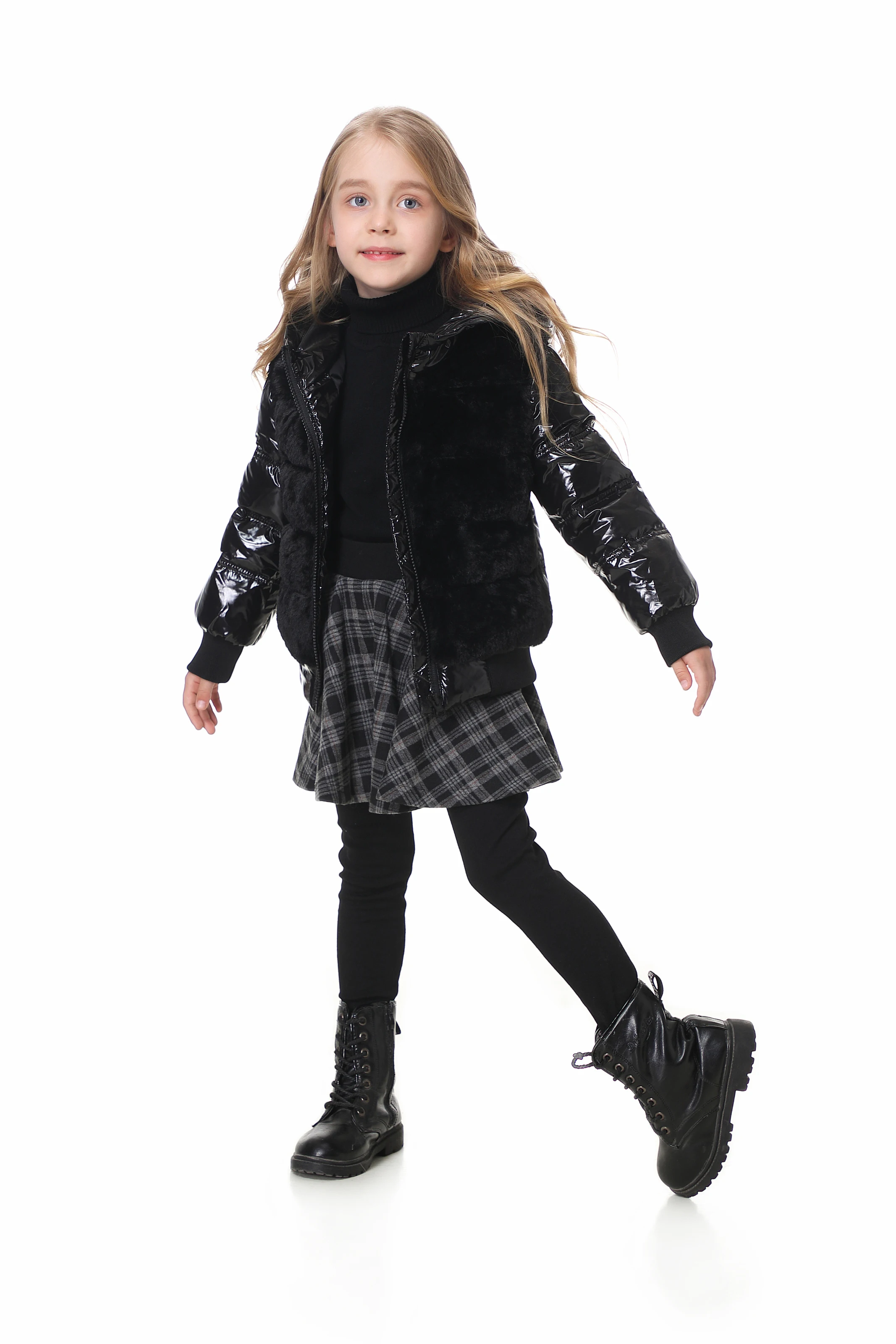 Fashion joining design winter coats filling white duck down warm jackets soft fur fabric and glossy black waterproof coats