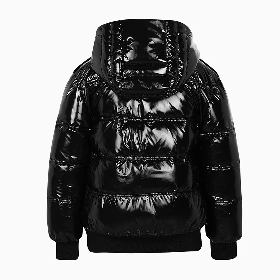 Fashion joining design winter coats filling white duck down warm jackets soft fur fabric and glossy black waterproof coats