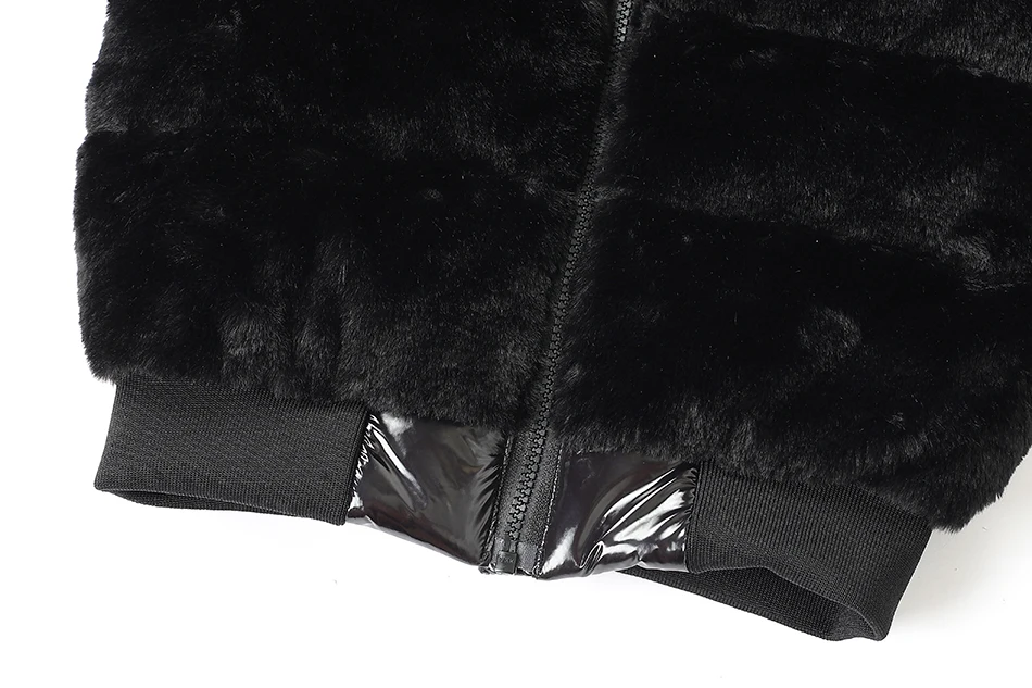 Fashion joining design winter coats filling white duck down warm jackets soft fur fabric and glossy black waterproof coats