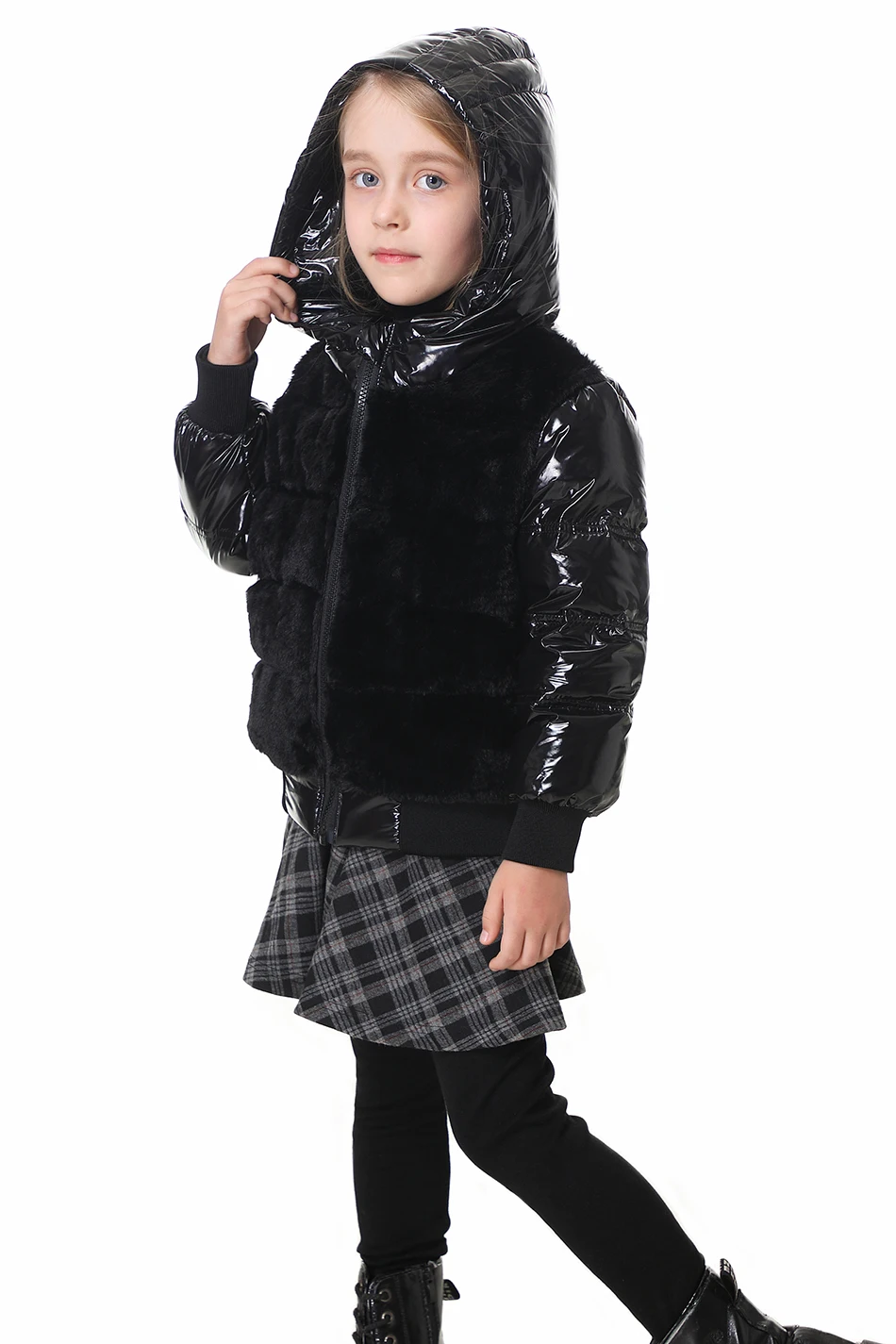 Fashion joining design winter coats filling white duck down warm jackets soft fur fabric and glossy black waterproof coats