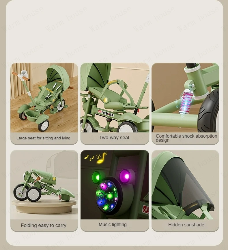 New Children's Tricycle,Reclining and Sitting Foldable Portable Stroller,1-6 Years Old Multifunctional Children's Bicycle